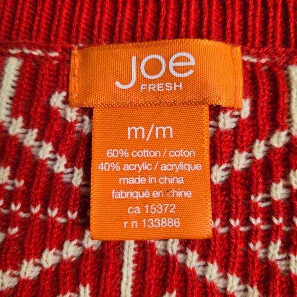 Joe Fresh Holiday Sweater Snowflake Fair Isle Red V-neck Christmas size Medium - Picture 2 of 9